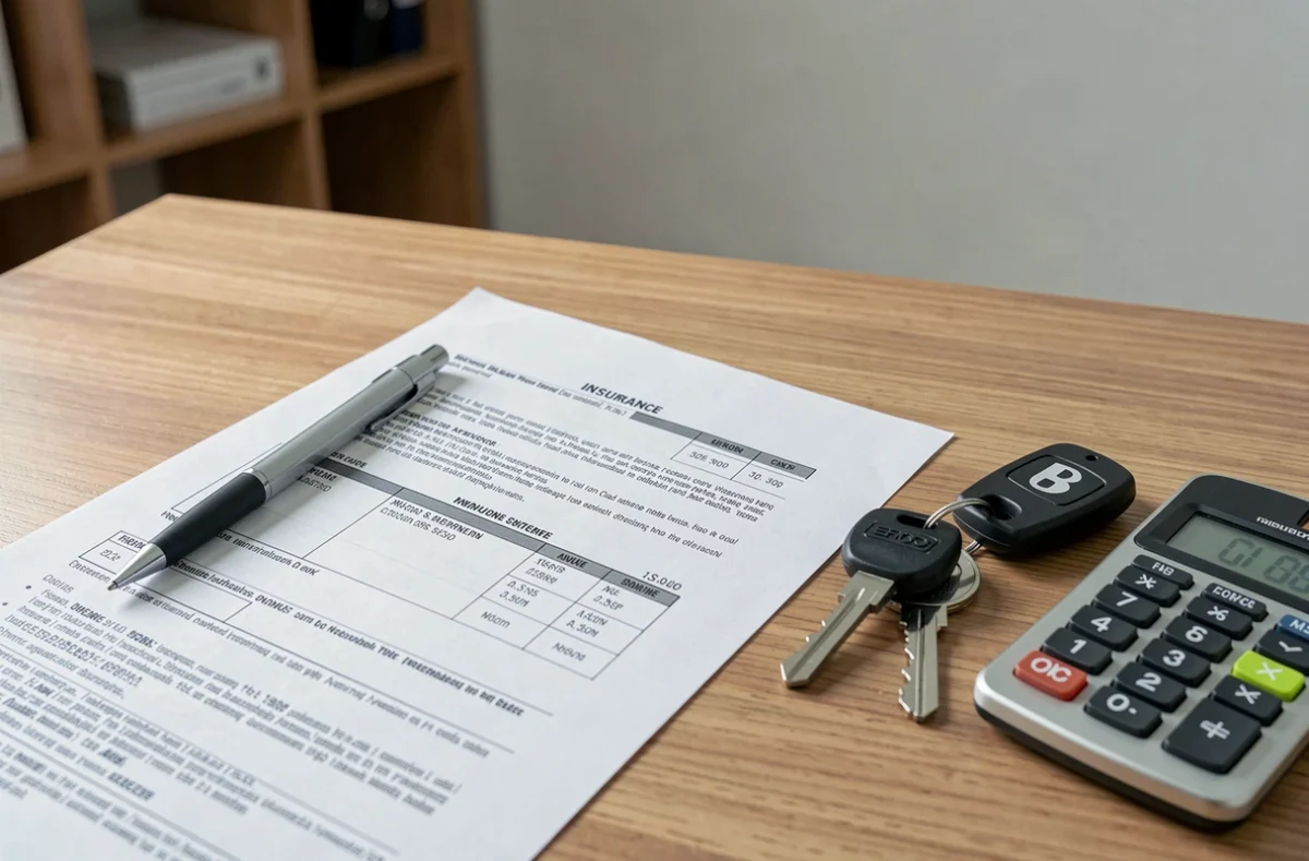 Document de contrat d'assurance moto avec clés de moto et calculatrice sur un bureau en bois