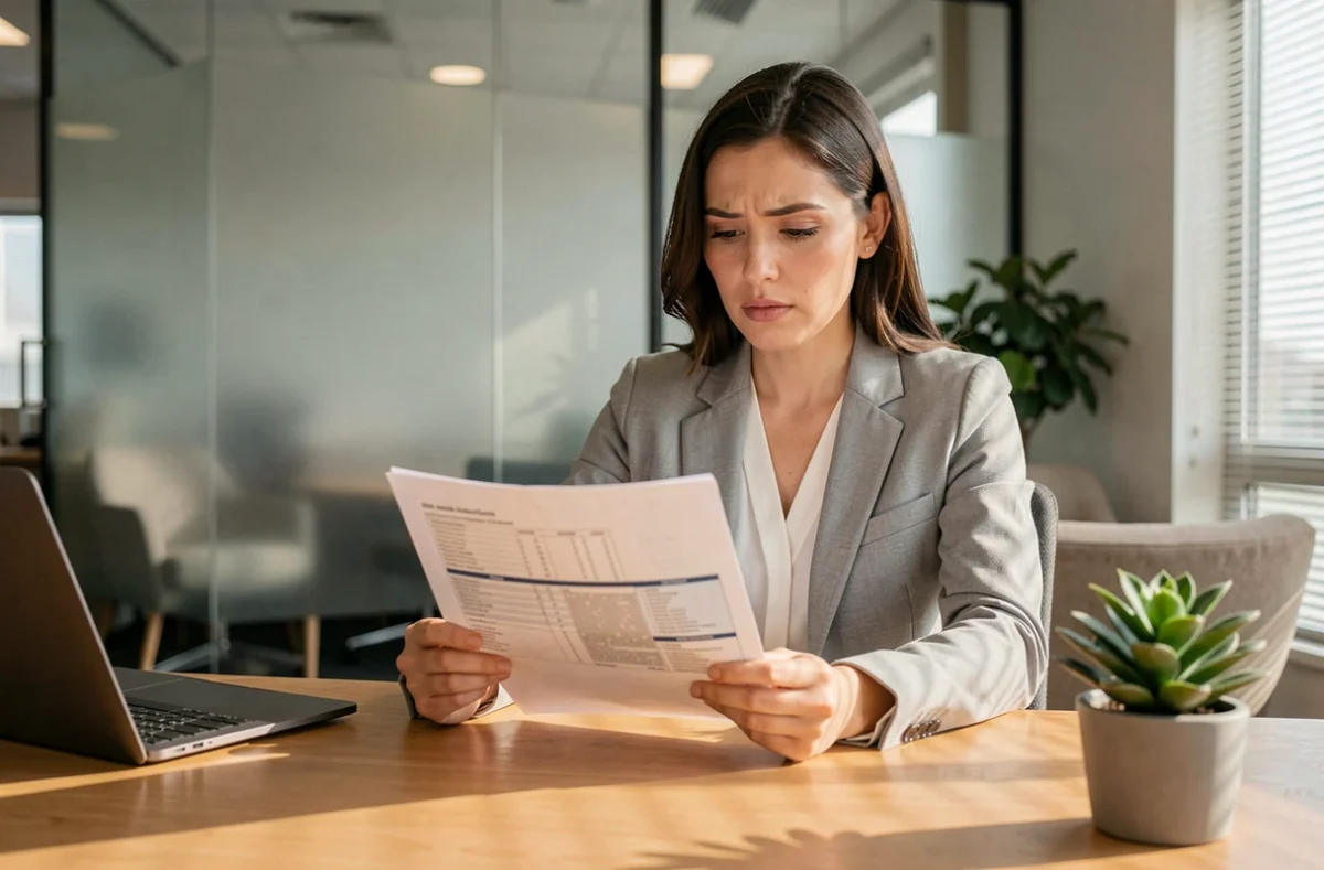 Femme consultant un contrat d'assurance au tiers dans un bureau d'agence moderne