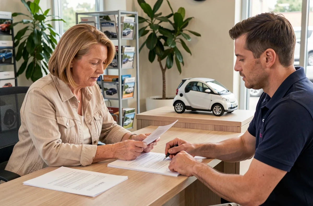 Cliente signant un contrat de location mensuelle d'une voiture sans permis dans une agence