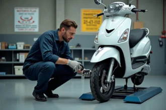 Technicien effectuant un contrôle technique sur un scooter 50cc dans un centre d'inspection agréé