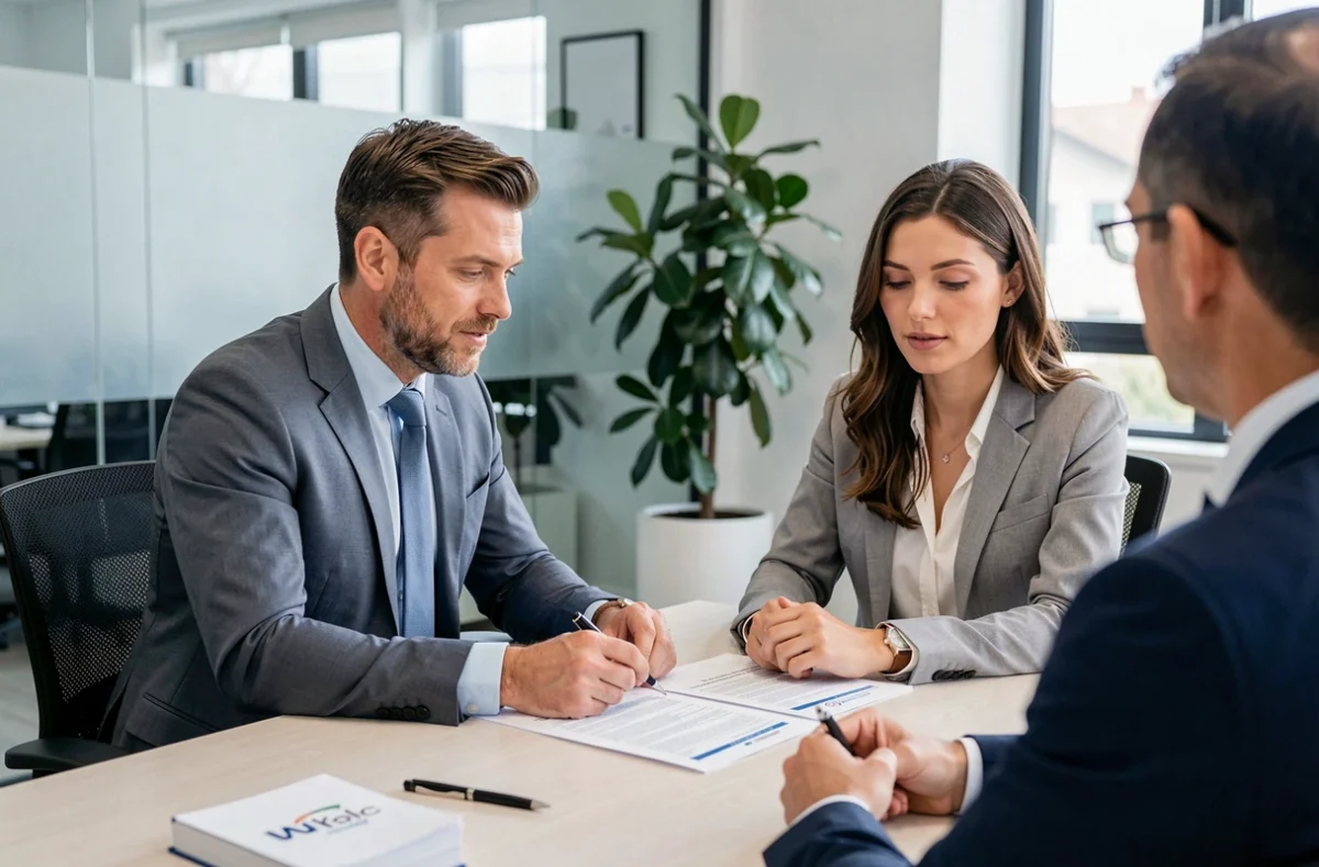 Couple en rendez-vous avec un conseiller en assurance auto dans une agence professionnelle, examinant un contrat