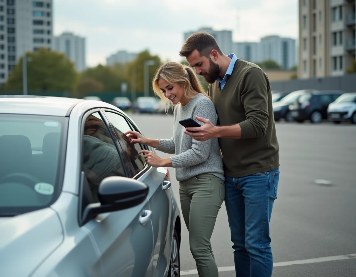 Un couple inspectant une voiture d'occasion dans un parking après avoir consulté une liste d'annonces en ligne