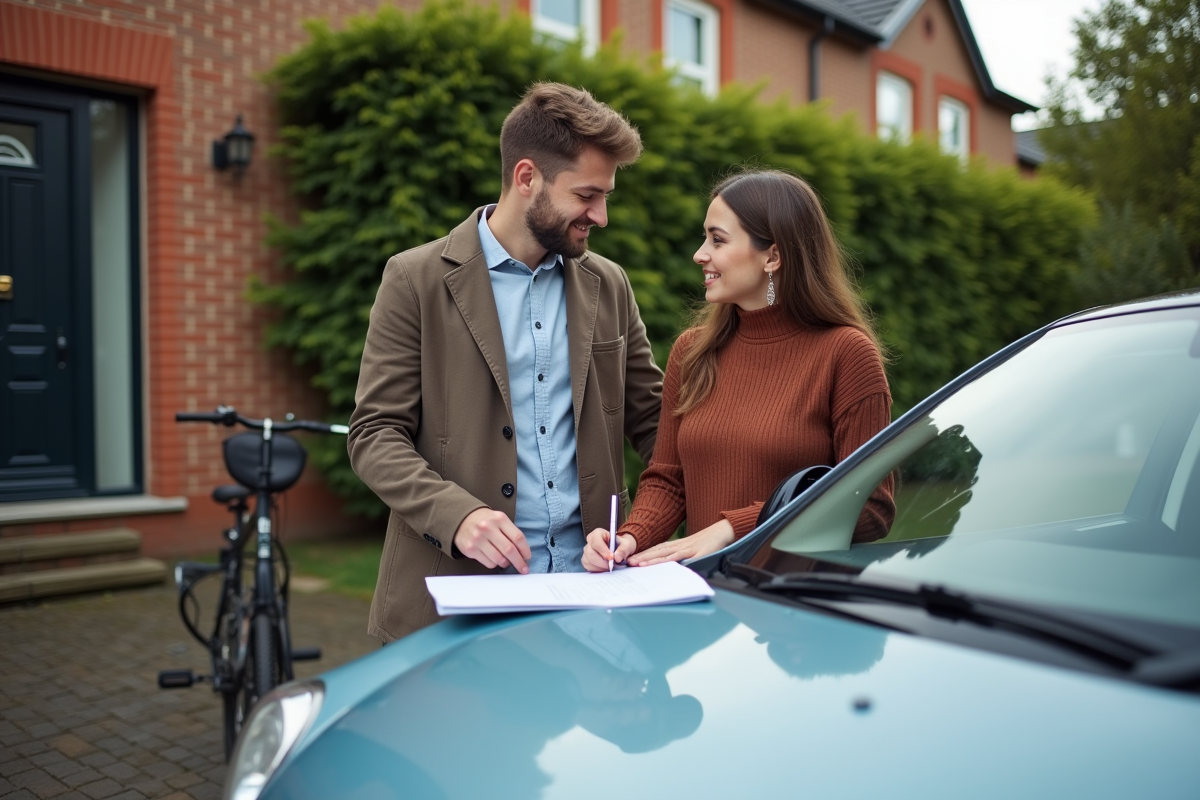 Jeune couple signant un formulaire sur la voiture