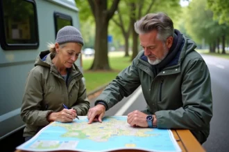 Couple regardant une carte de France près d’un camping-car