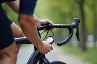 Cycliste vérifiant la pression du pneu avec un manomètre en ville