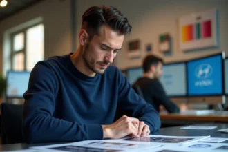 Designer graphique analysant des maquettes publicitaires avec le logo Hyundai mal placé sur un bureau de studio