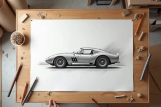 Poster grand format d'un dessin de voiture de sport au crayon graphite posé sur une table à dessin en bois entourée d'outils artistiques