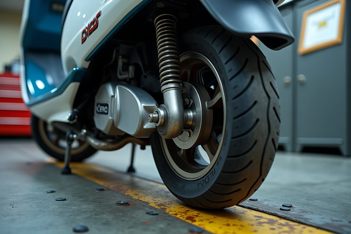 Vue détaillée du châssis et des composants mécaniques d'un scooter lors d'un contrôle technique