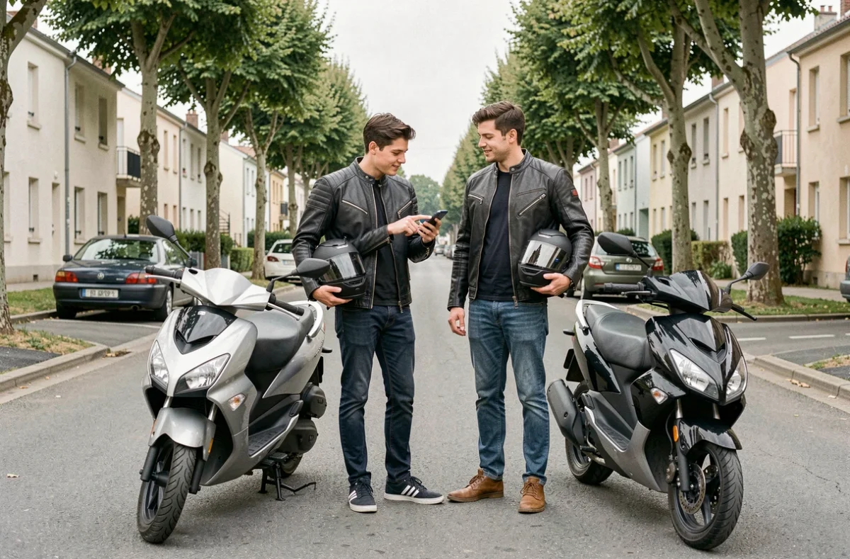 Deux jeunes conducteurs de scooter comparant leurs offres d'assurance sur smartphone dans une rue résidentielle française