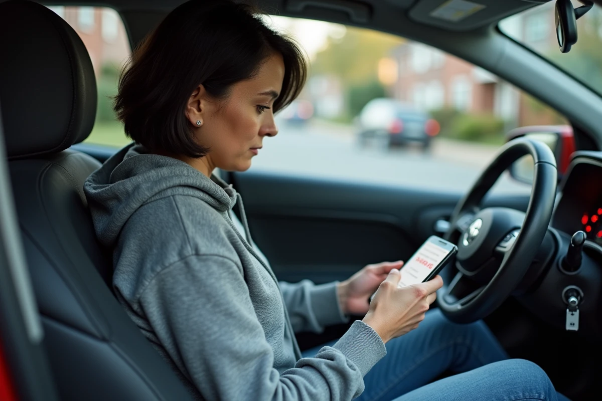 Femme consultant une application de diagnostic ABS sur smartphone dans l'habitacle d'une voiture