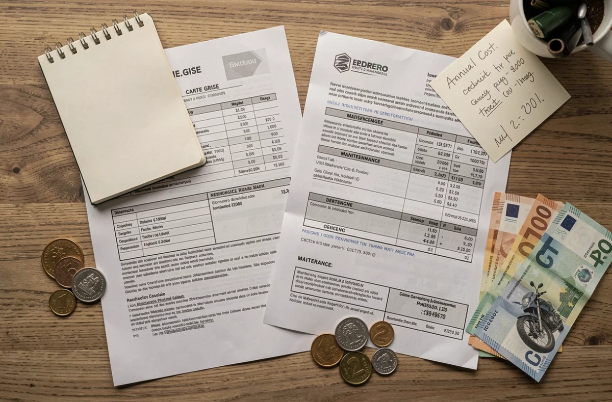 Documents administratifs moto carte grise assurance facture entretien avec billets euros représentant le coût annuel d'une Kawasaki GTR 1000