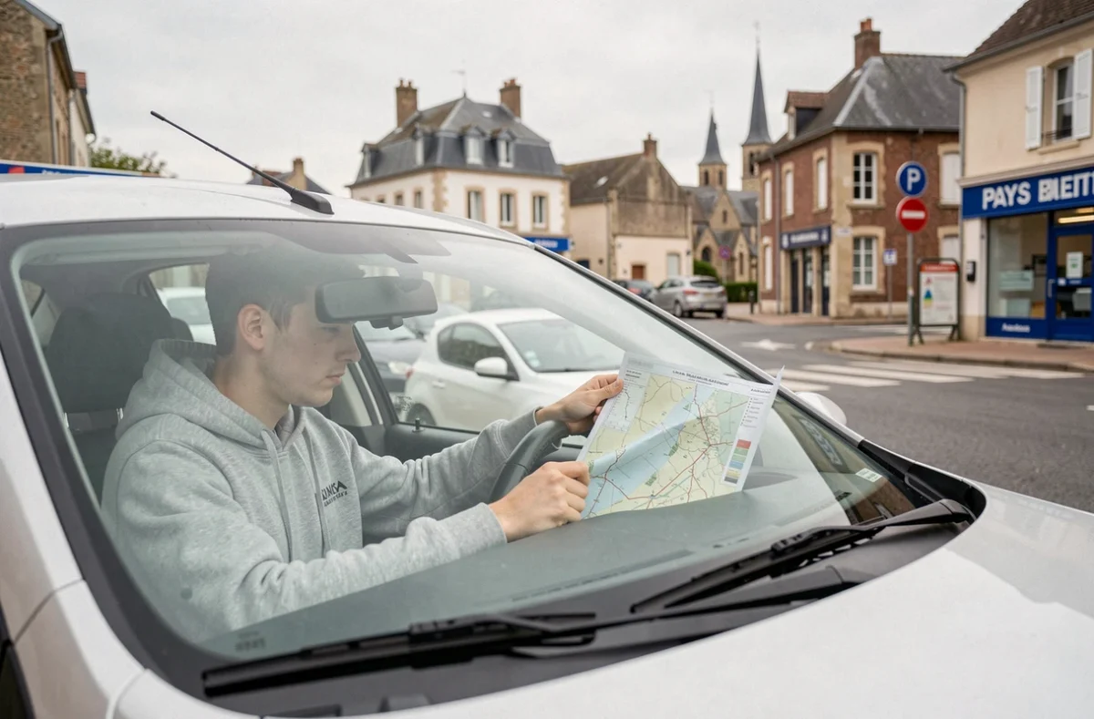 Étudiant en conduite avec son moniteur à une intersection de Machecoul pour l'Ecole de Conduite Machecoulaise
