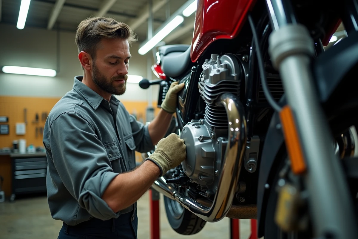 Mécanicien effectuant l'entretien d'une Honda CB 500X sur un pont élévateur dans un atelier moto professionnel