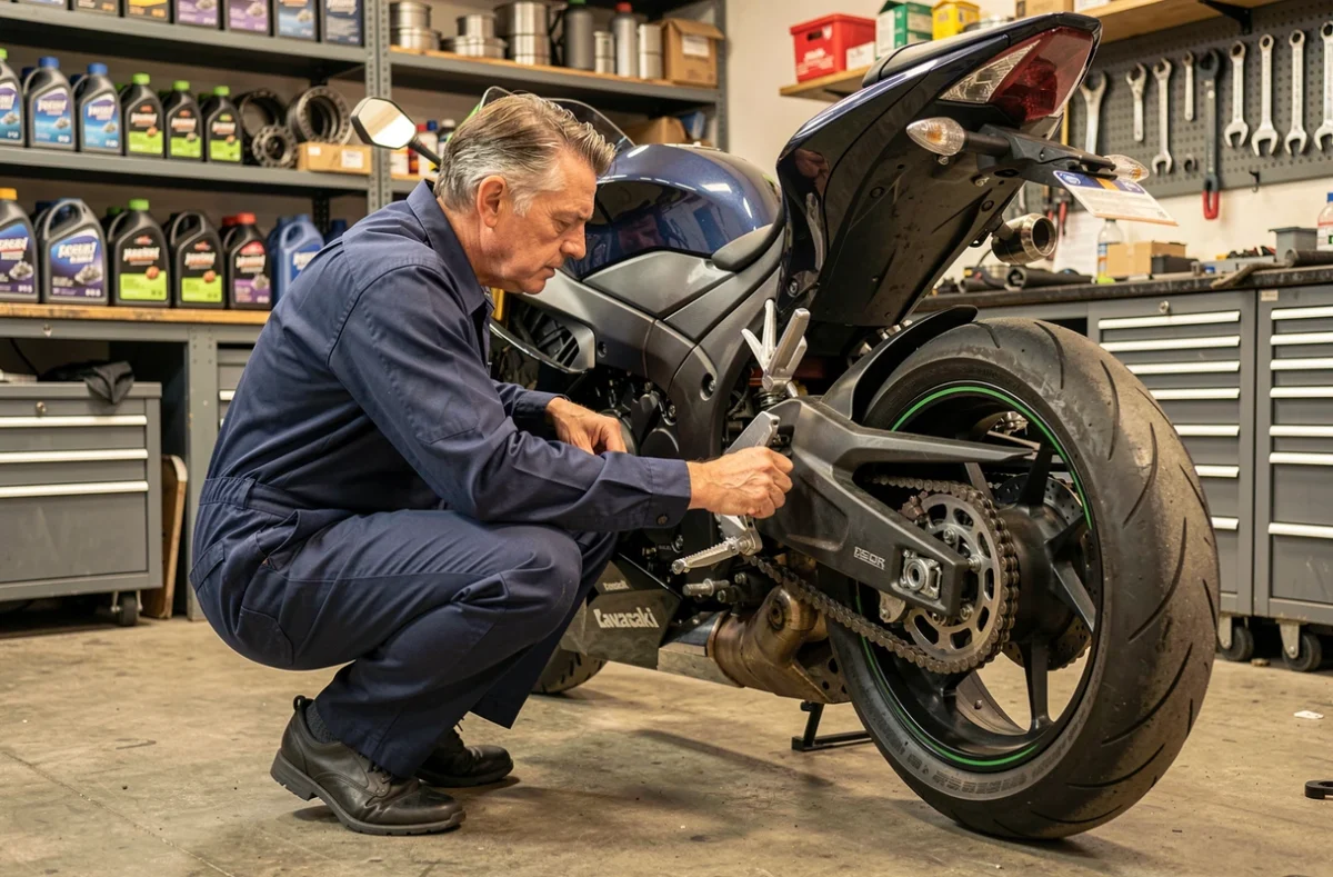 Mécanicien inspectant l'entretien d'une Kawasaki GTR 1000 dans un atelier moto professionnel, coût révision annuelle 2026