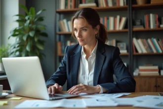 Femme analyste estimant la valeur d'un site web ancien devant un ordinateur portable avec des tableaux de bord analytiques