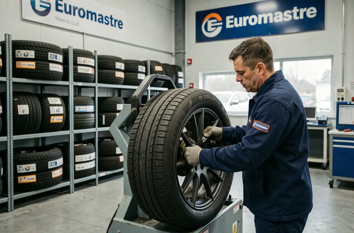 Technicien d'Euromaster Lille montant un pneu neuf sur une jante avec une machine professionnelle dans l'atelier de service