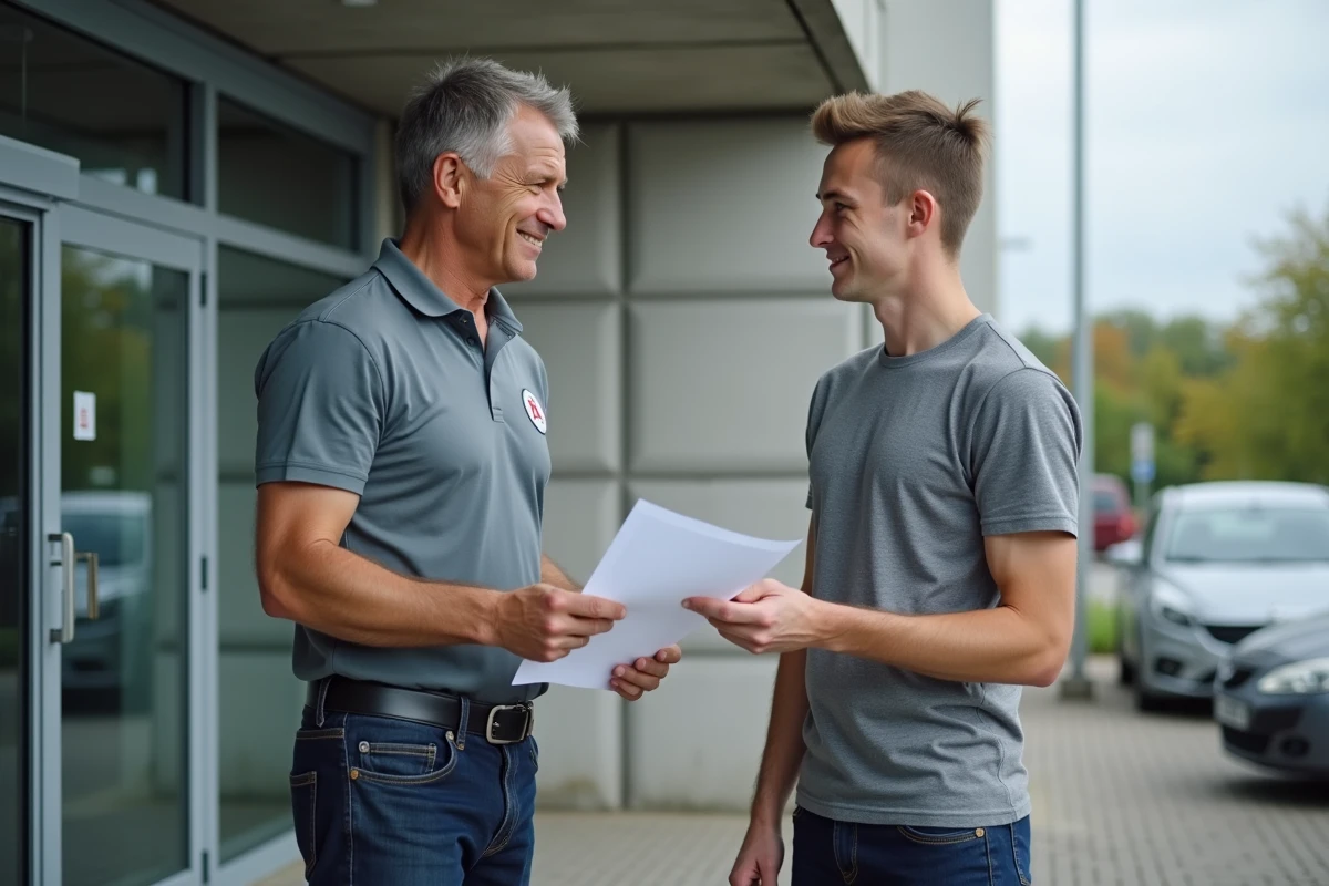 Examinateur du permis de conduire remettant les résultats d'examen à un candidat devant un centre d'examen