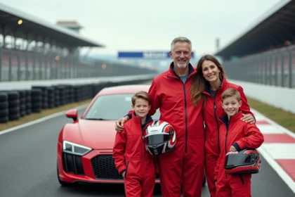 Famille en combinaison de pilotage posant devant une voiture de sport rouge sur un circuit automobile lors d'un stage de conduite