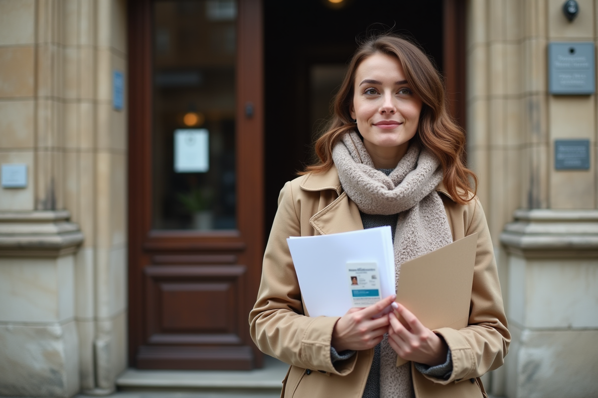 Jeune femme devant une mairie tenant un document officiel