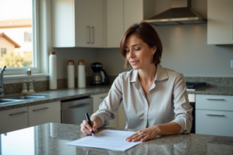 Femme d'âge moyen remplissant des papiers d'assurance dans une cuisine moderne
