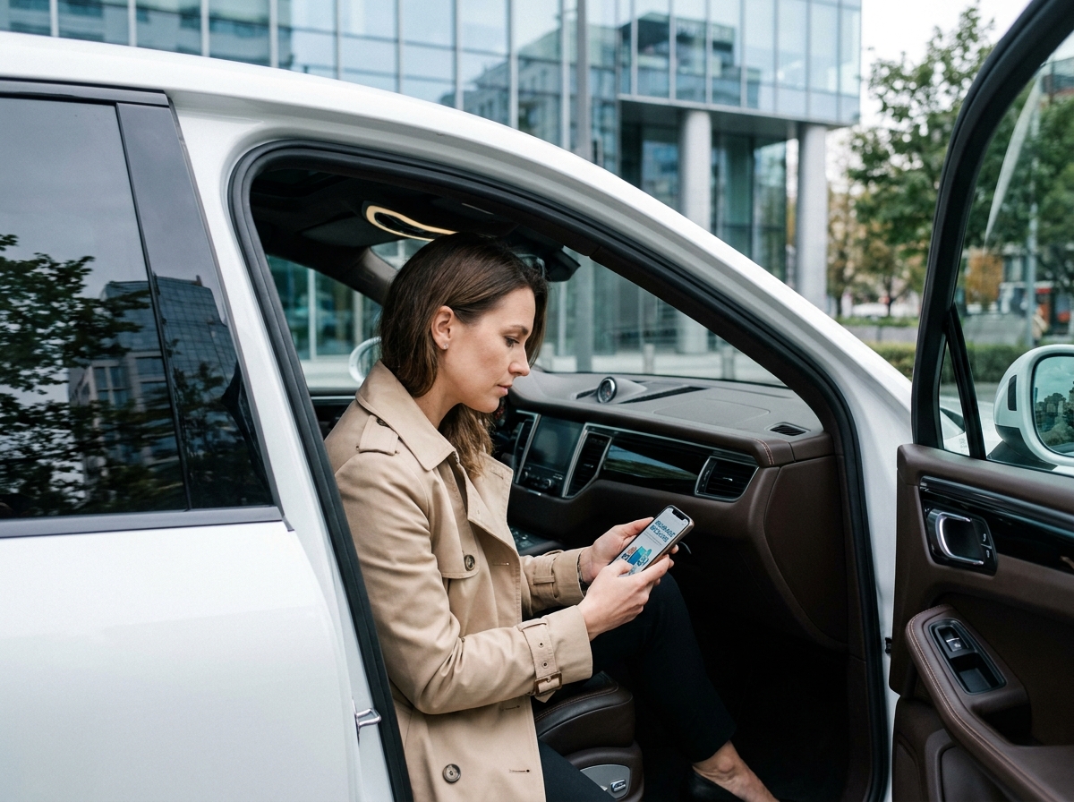 Femme en trench coat beige consultant son assurance Porsche Macan sur smartphone depuis le siège conducteur