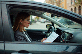 Femme d'affaires examine une police d'assurance dans sa voiture