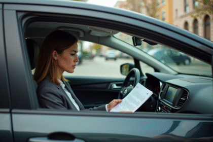 Femme d'affaires examine une police d'assurance dans sa voiture