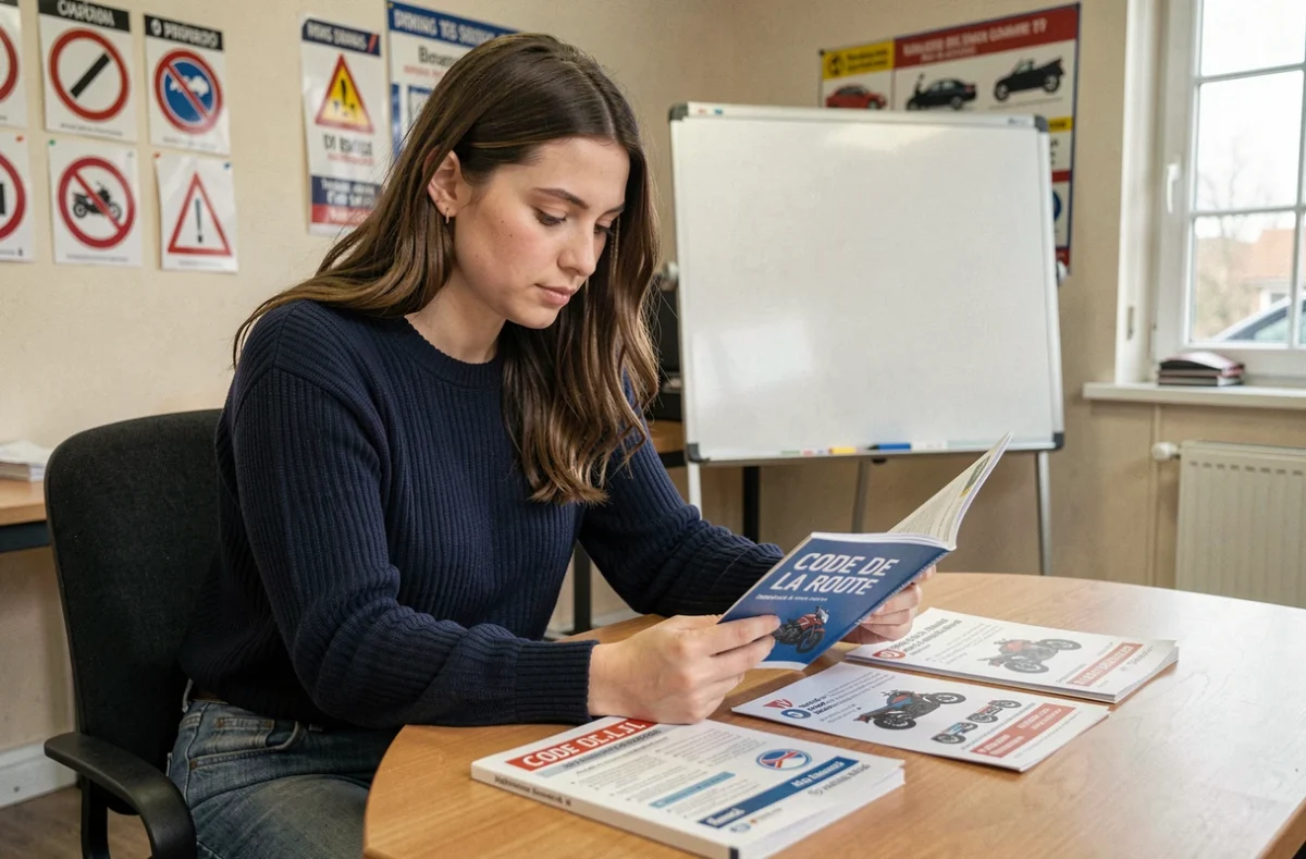 Femme étudiant le code de la route dans une auto-école pour obtenir le permis moto 3 roues
