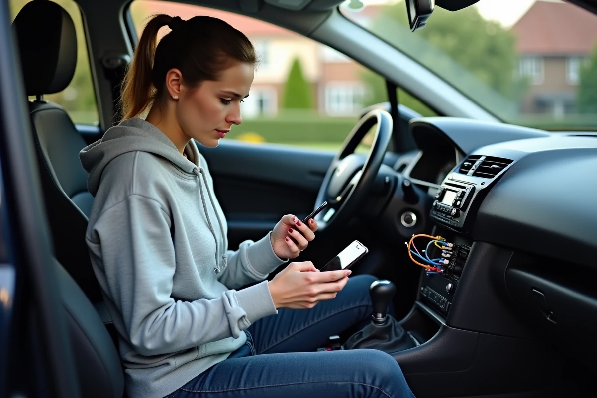 Femme consultant un guide de branchement autoradio sur smartphone dans une Peugeot avec autoradio partiellement sorti