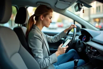 Femme calculant le coût d'essence d'un trajet sur son smartphone dans sa voiture