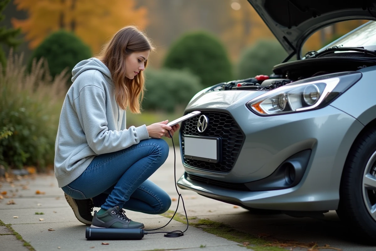 Femme lisant le manuel d'un chargeur de batterie portable devant une voiture dans une allée