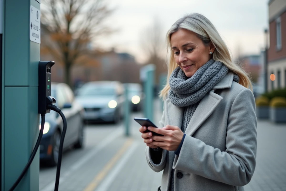 Femme vérifiant la charge EV à une station urbaine
