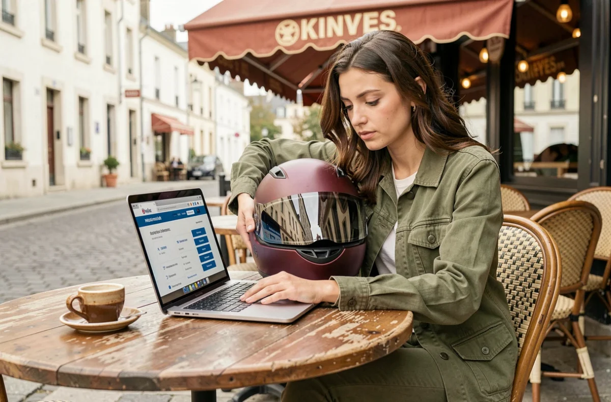 Femme comparant des offres d'assurance moto 125 en ligne avec son casque posé sur la table d'un café