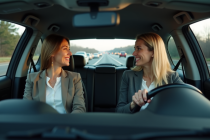 Femme d'âge moyen souriante en voiture en covoiturage