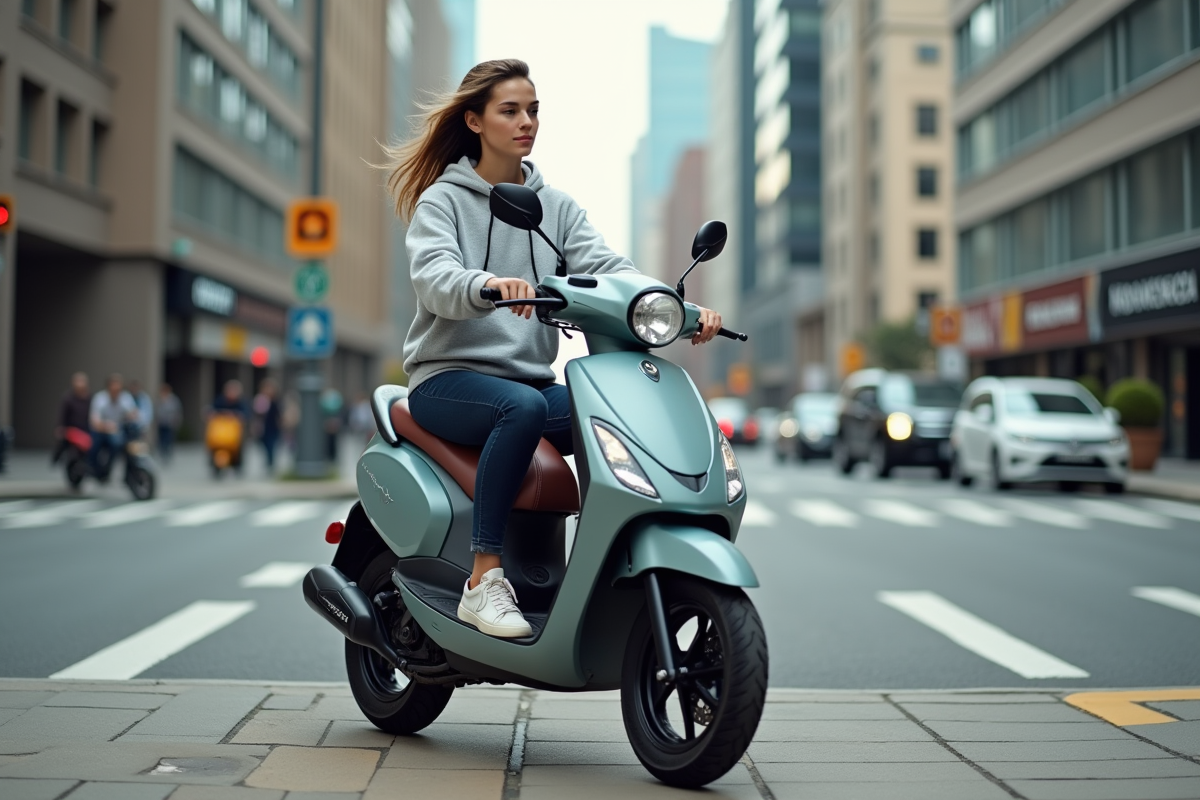 Femme assise sur une moto 125cc en ville