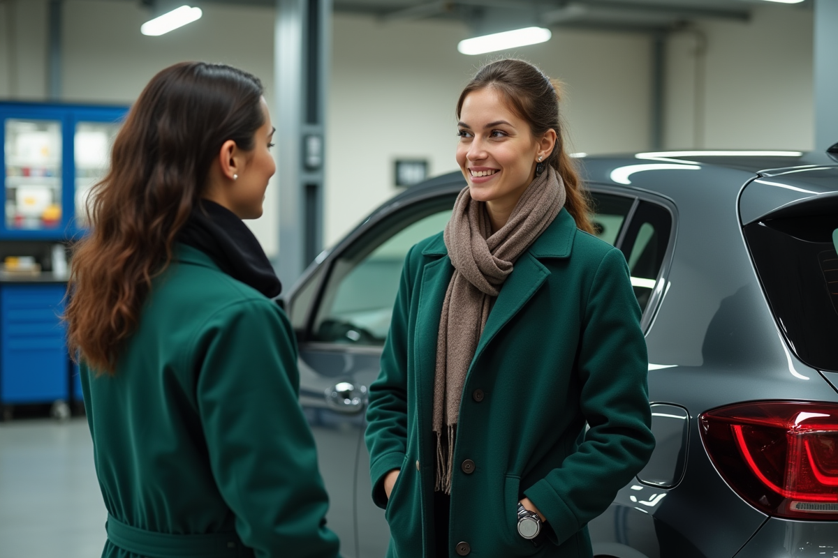 Jeune femme parlant avec un technicien dans un garage propre