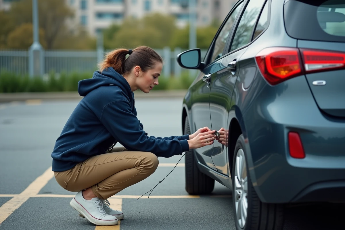 Jeune femme utilisant un lacet pour ouvrir une porte de voiture