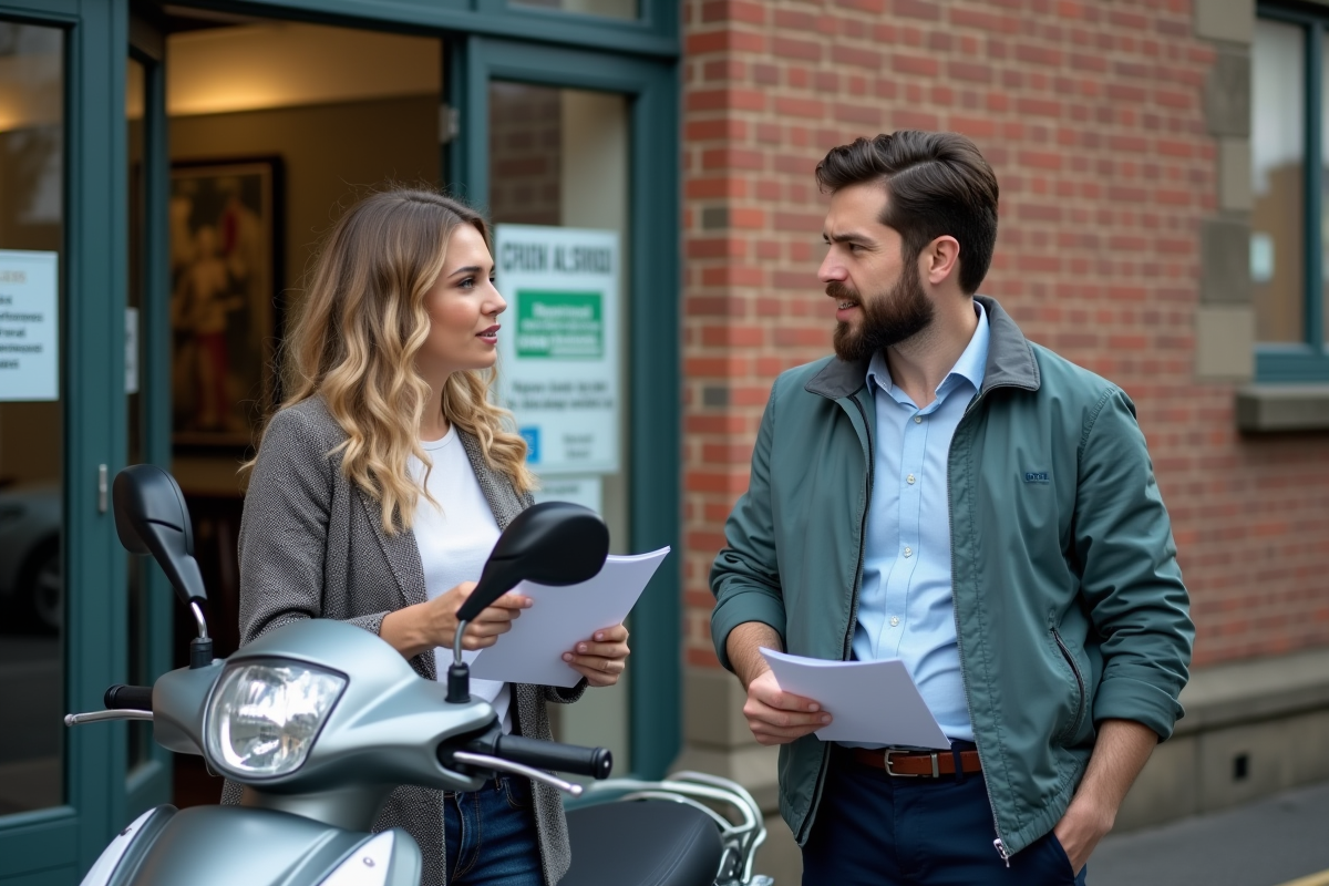 Femme et instructeur discutant près d’un scooter Xmax