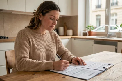 Femme consultant des documents d'assurance auto à une table de cuisine, stylo en main, expression concentrée