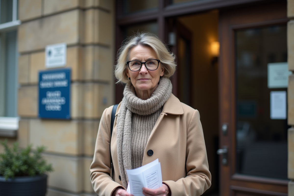 Femme avec documents devant un bâtiment officiel