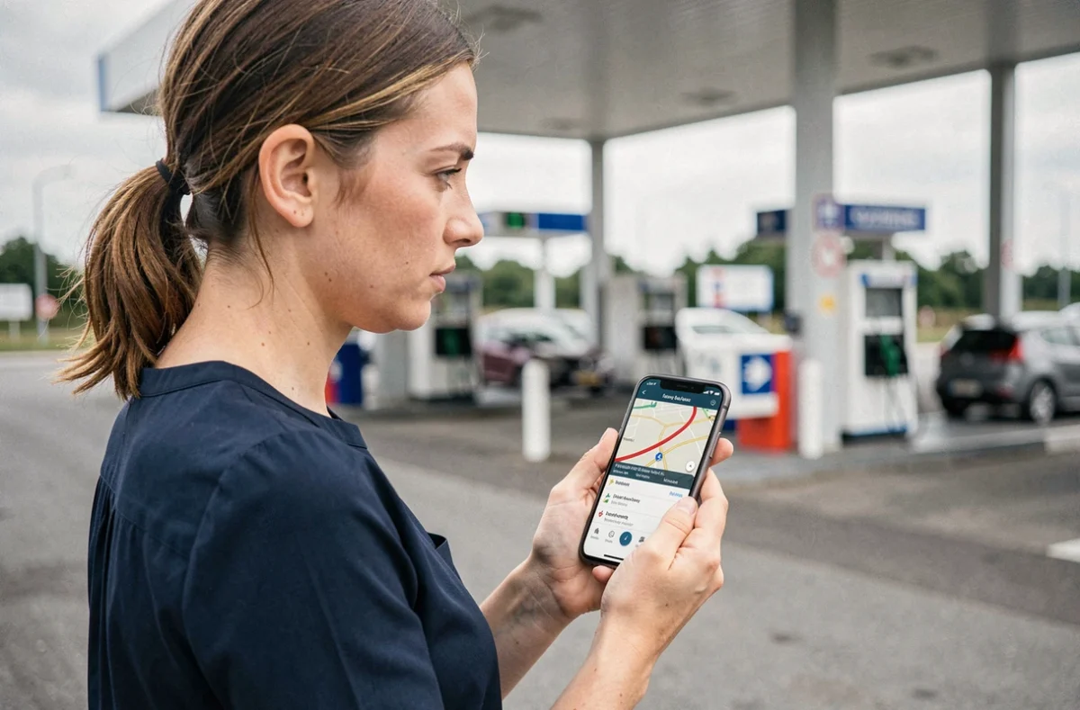 Femme consultant une application GPS sur smartphone avec alertes de travaux sur autoroute française à une station-service