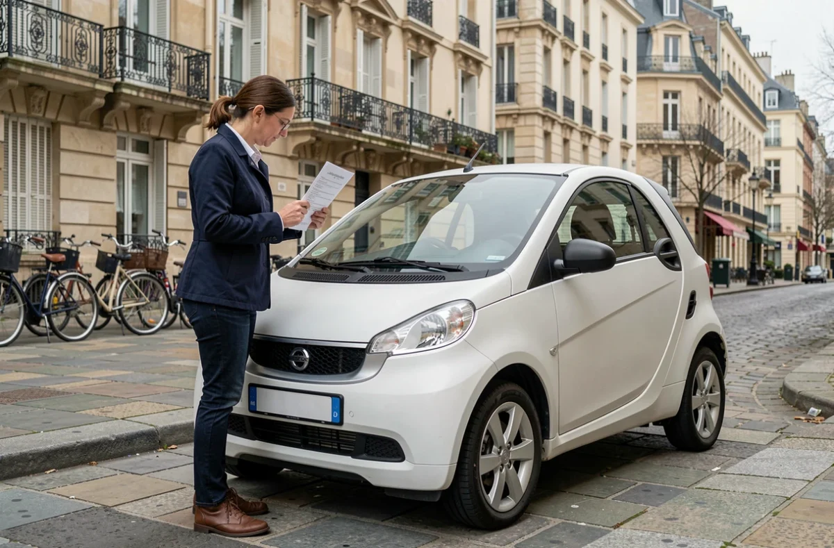 Femme inspectant une voiture sans permis dans une rue résidentielle avec un document d'estimation argus à la main