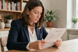 Femme lisant un relevé d'information d'assurance auto à une table en bois dans un appartement moderne