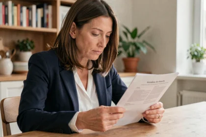 Femme lisant un relevé d'information d'assurance auto à une table en bois dans un appartement moderne