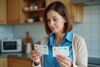 Femme française examine deux permis de conduire