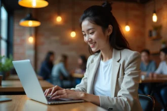 Jeune femme lisant un média en ligne sur son ordinateur portable dans un café urbain moderne