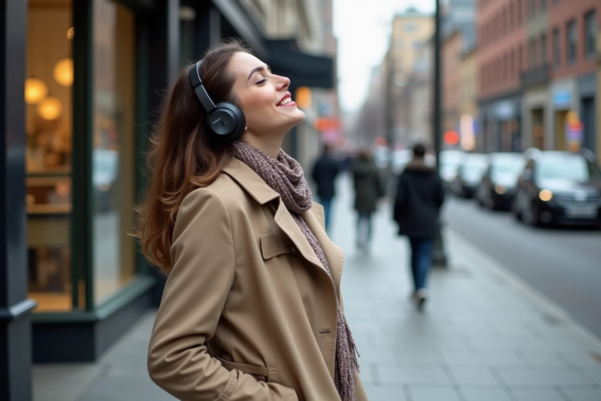 Jeune femme dans la rue écoute de la musique avec casque
