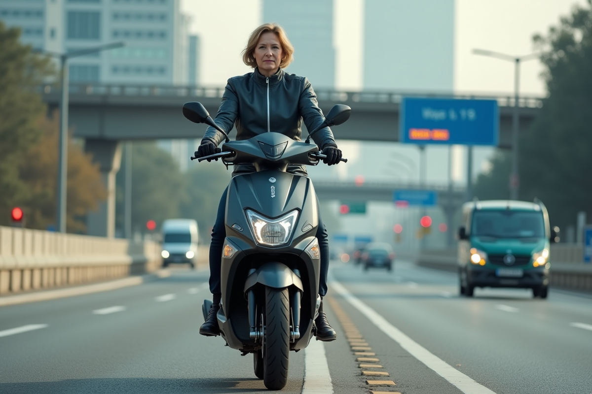 Femme en veste de moto sur scooter en ville