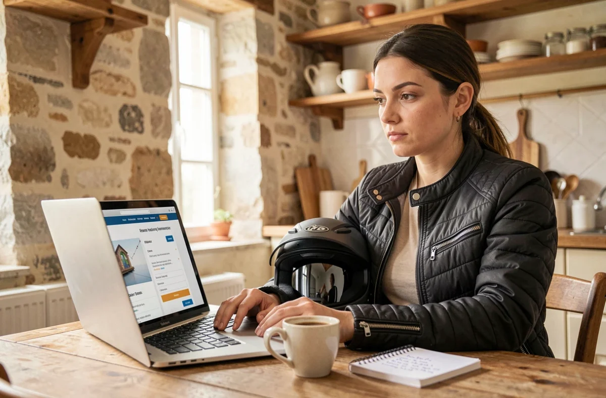 Femme motarde comparant des offres d'assurance moto en ligne depuis son appartement avec un ordinateur portable