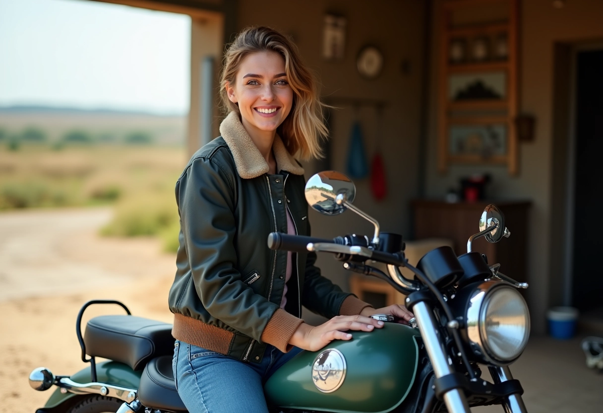 Femme souriante polissant une moto vintage dehors
